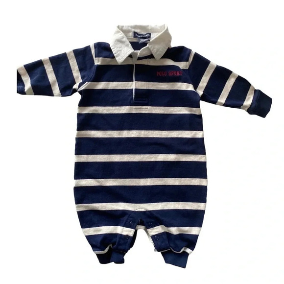 RALPH LAUREN EUC BOYS ONE PIECE TOPS BOTTOM BLUE WHITE STRIPE SIZE 6 12 MONTHS - Picture 1 of 5